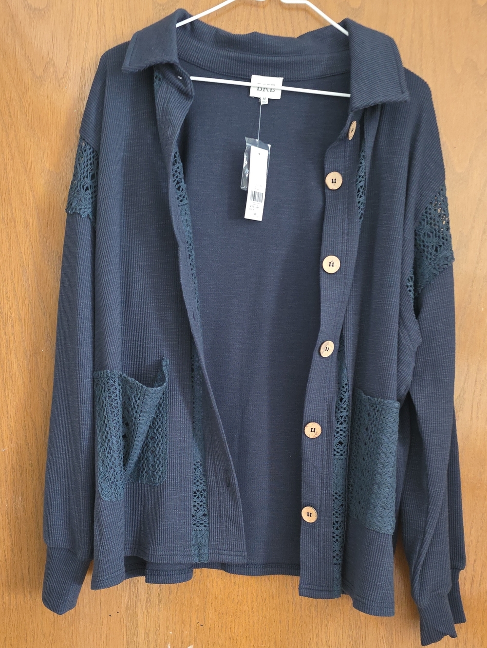 BKE Navy Crochet-Trim Button Cardigan